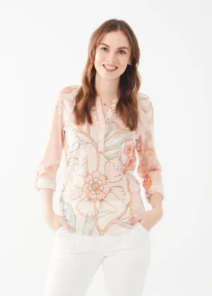 3/4 Sleeve Tab-Up Henley Trellis Jersey Top