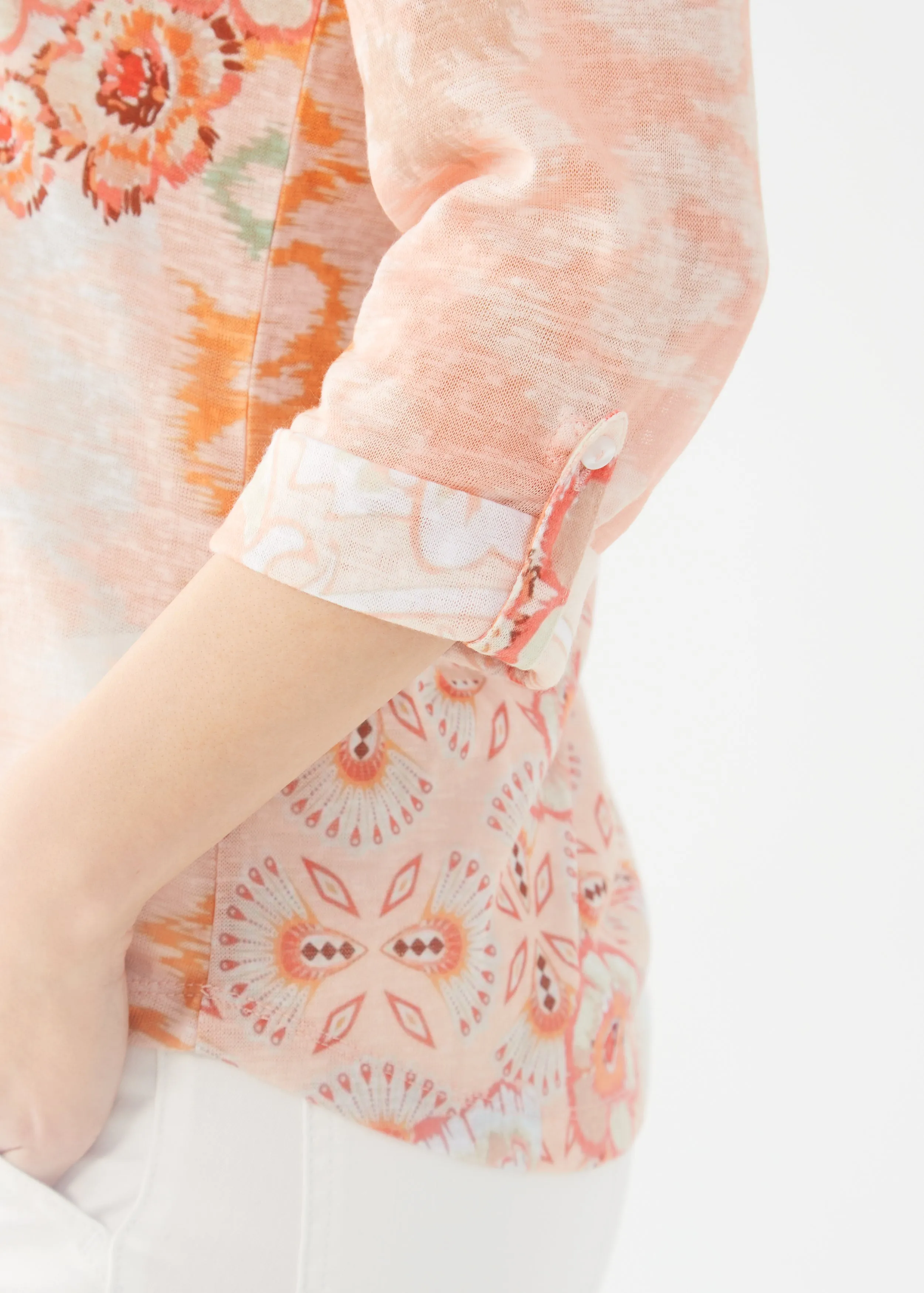3/4 Sleeve Tab-Up Henley Trellis Jersey Top