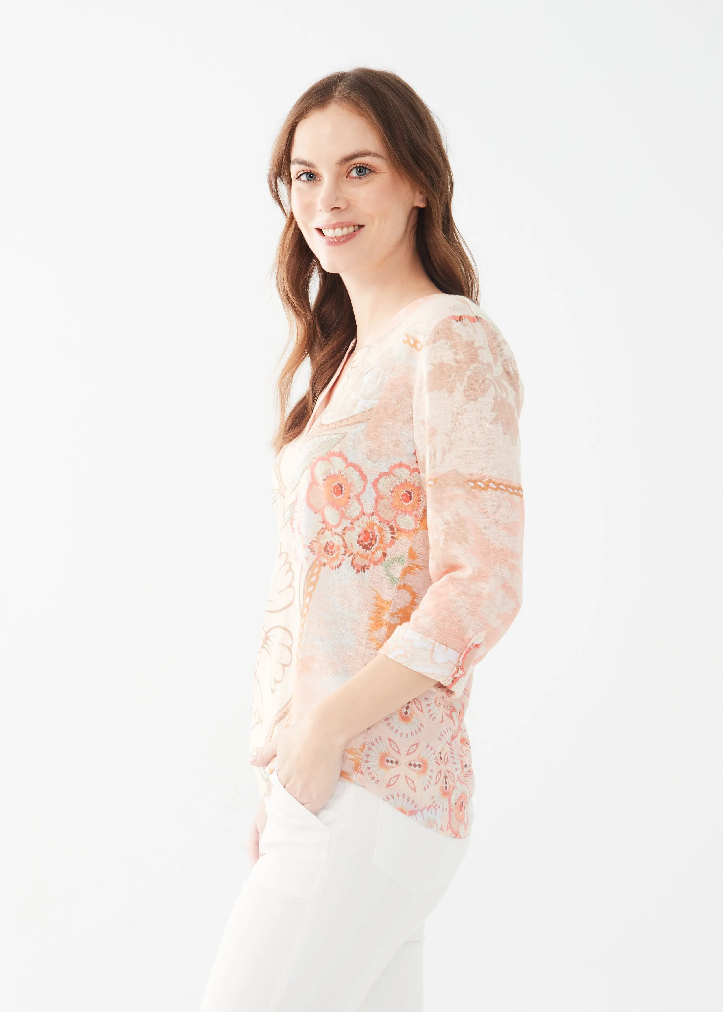 3/4 Sleeve Tab-Up Henley Trellis Jersey Top