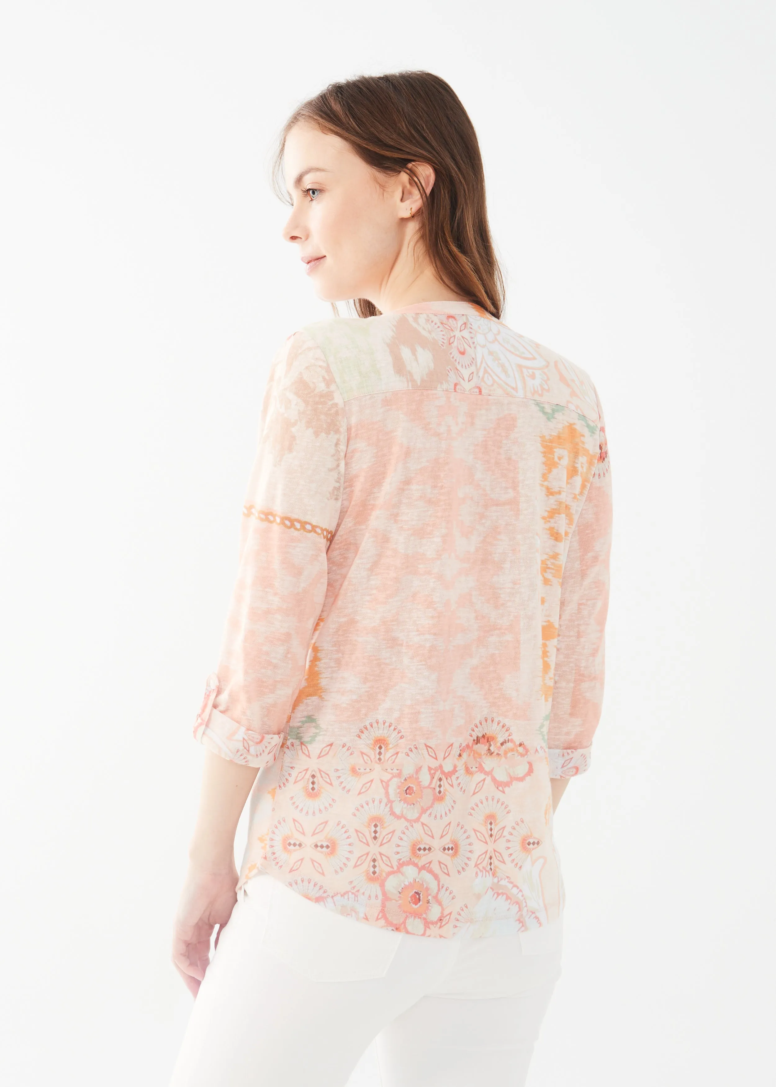 3/4 Sleeve Tab-Up Henley Trellis Jersey Top