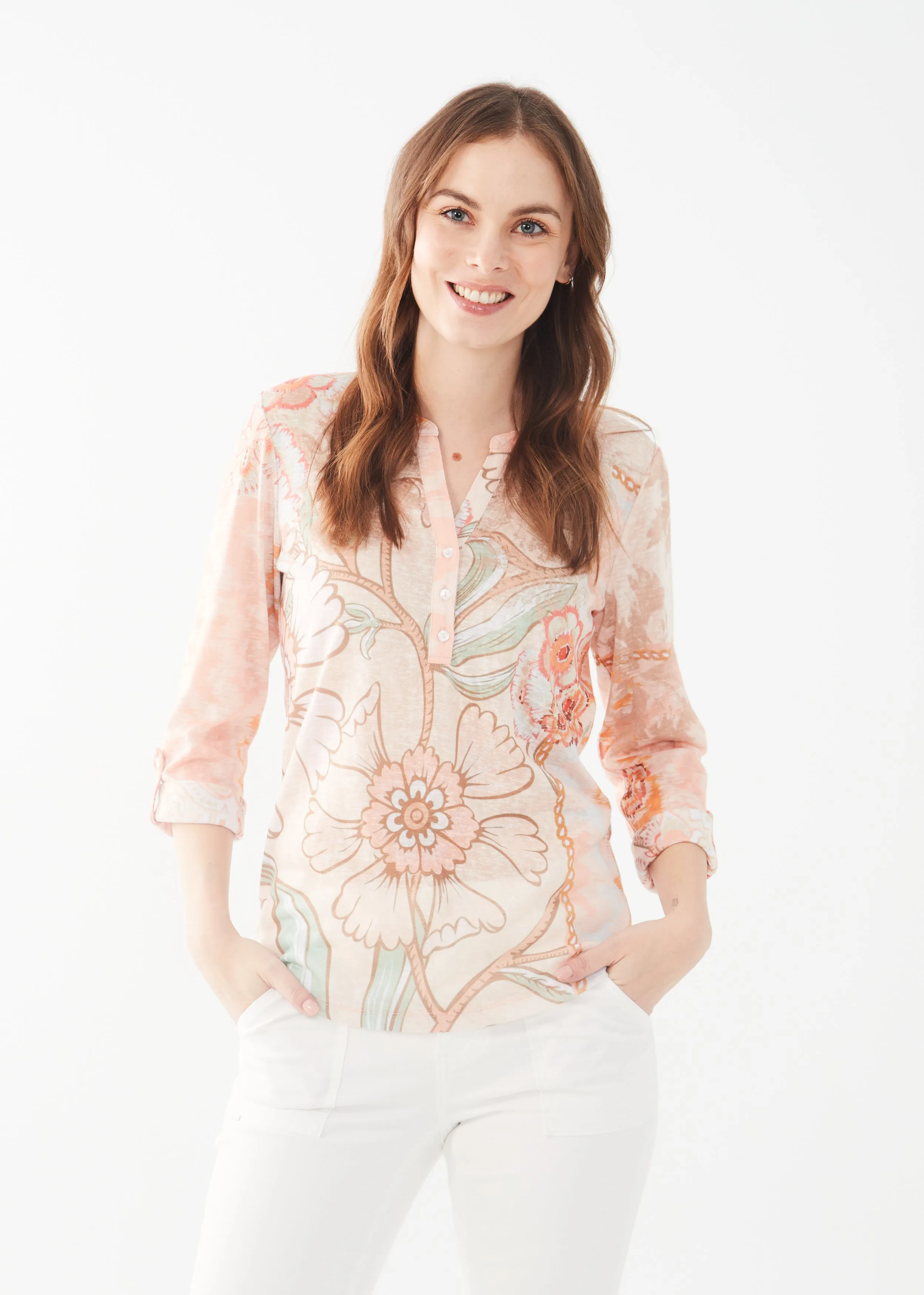 3/4 Sleeve Tab-Up Henley Trellis Jersey Top