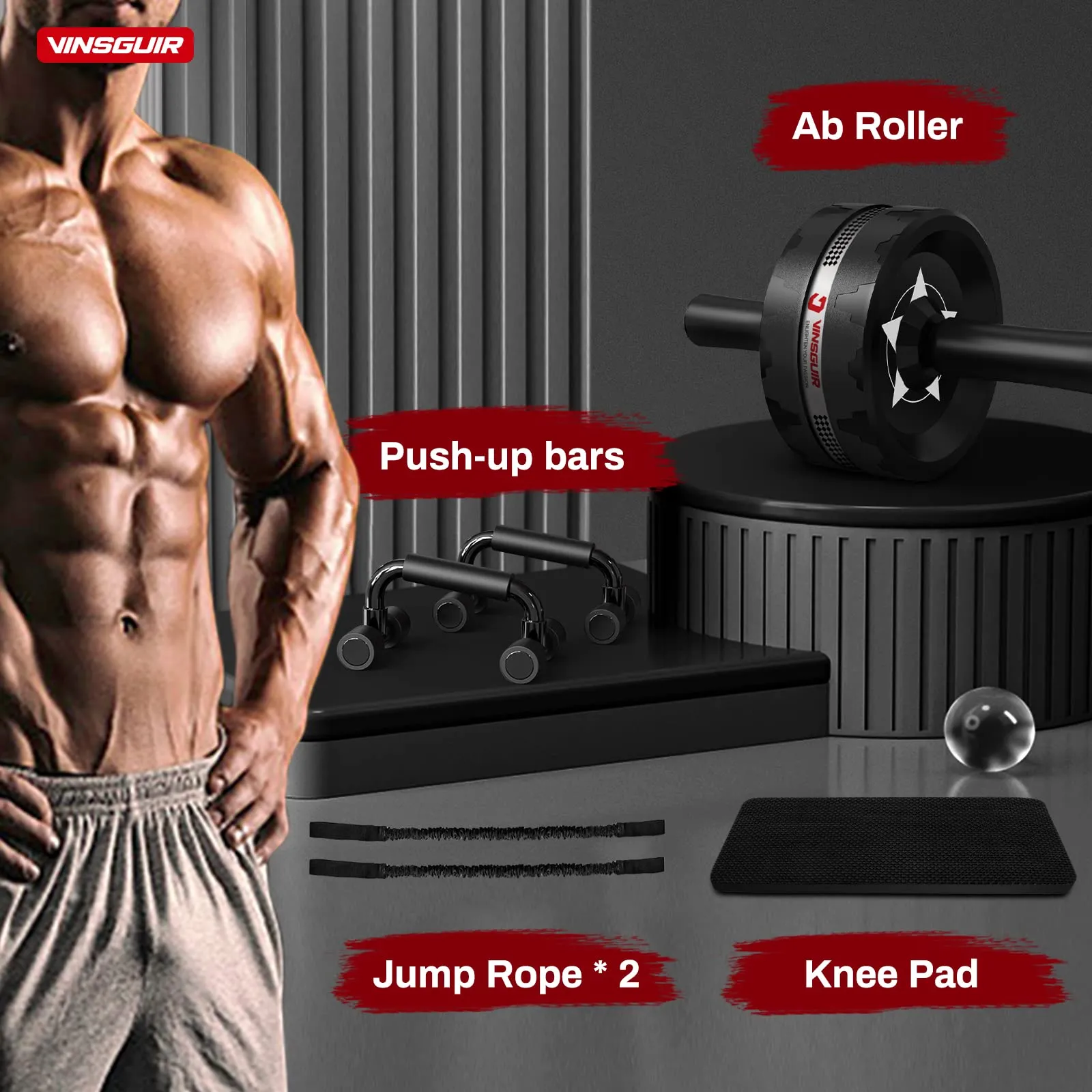 Ab Roller Wheel Kit - Ab Workout Equipment with Push Up Bars, Resistance Bands, Knee Mat, Home Gym Fitness Equipment for Core Strength Training, Abdominal Roller Machine with Gym Accessories for Men & Women