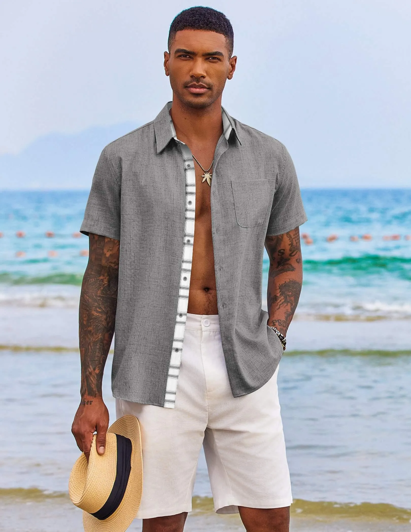 COOFANDY Men's Button Down Shirts Short Sleeve Casual Shirts Summer Beach Shirts Vacation Wedding Shirts with Pocket