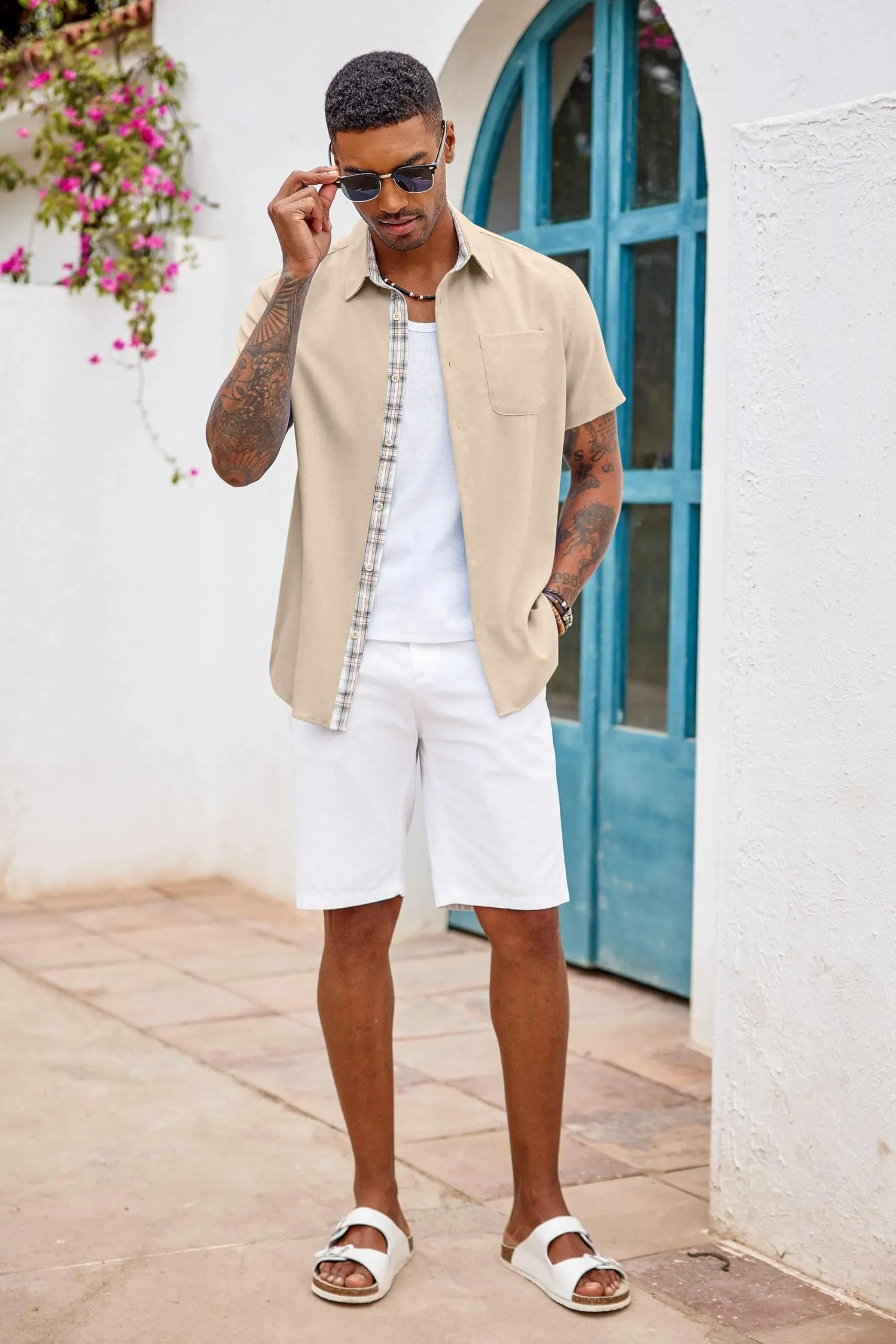 COOFANDY Men's Button Down Shirts Short Sleeve Casual Shirts Summer Beach Shirts Vacation Wedding Shirts with Pocket