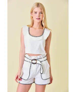 Day Date Linen Ruffle Crop Top