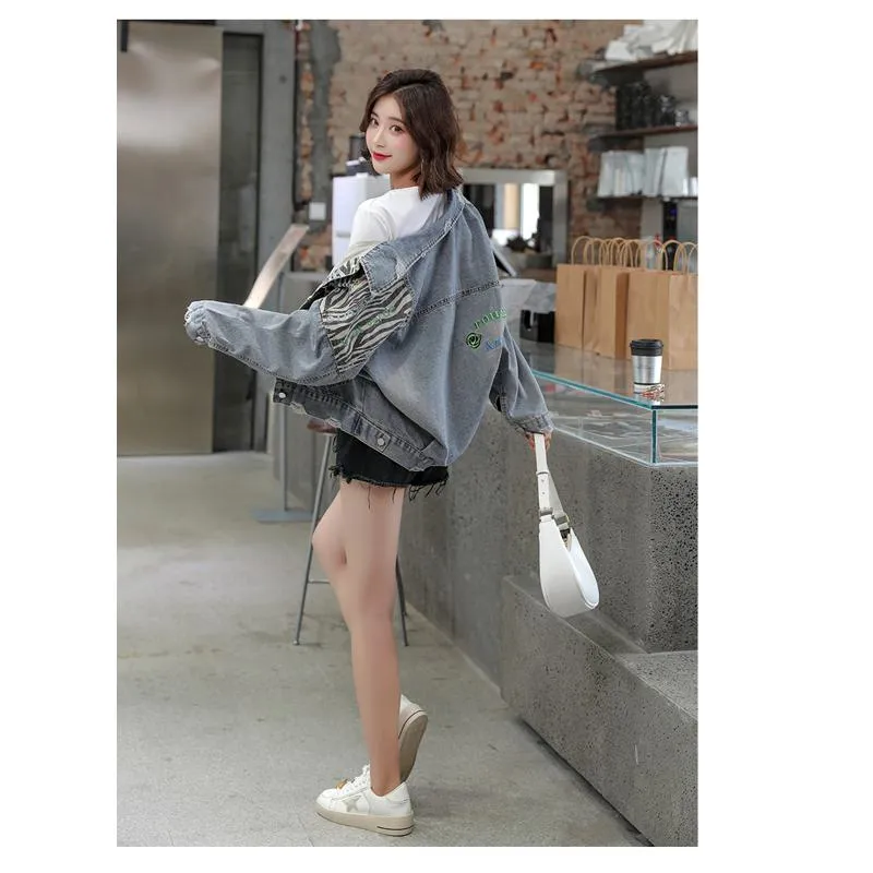 Patchwork Slimming Leopard Print Plus Loose Fit Denim Jacket
