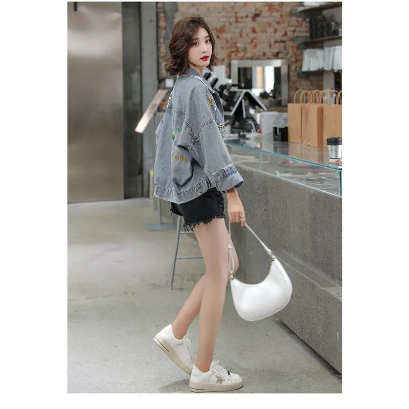 Patchwork Slimming Leopard Print Plus Loose Fit Denim Jacket