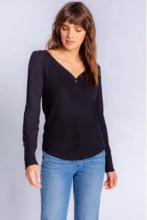 PJ Salvage Essential Buttery Rib Knit Long Sleeve V-Neck | Red, Black