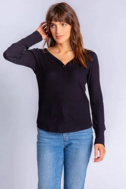 PJ Salvage Essential Buttery Rib Knit Long Sleeve V-Neck | Red, Black