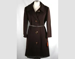 Size 14 Chic 1960s Chocolate Tailored Coat with Modernist Copper Details - Large - Deadstock - New With Tag - Tailored Brown Wool - 33731-1