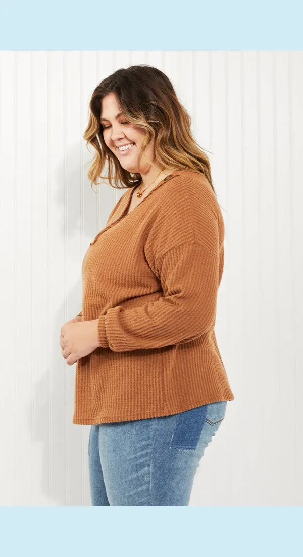 Zenana Apple Dumplings Full Size Brushed Waffle Knit Henley in Deep Camel