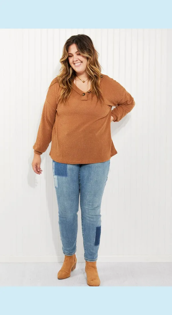 Zenana Apple Dumplings Full Size Brushed Waffle Knit Henley in Deep Camel