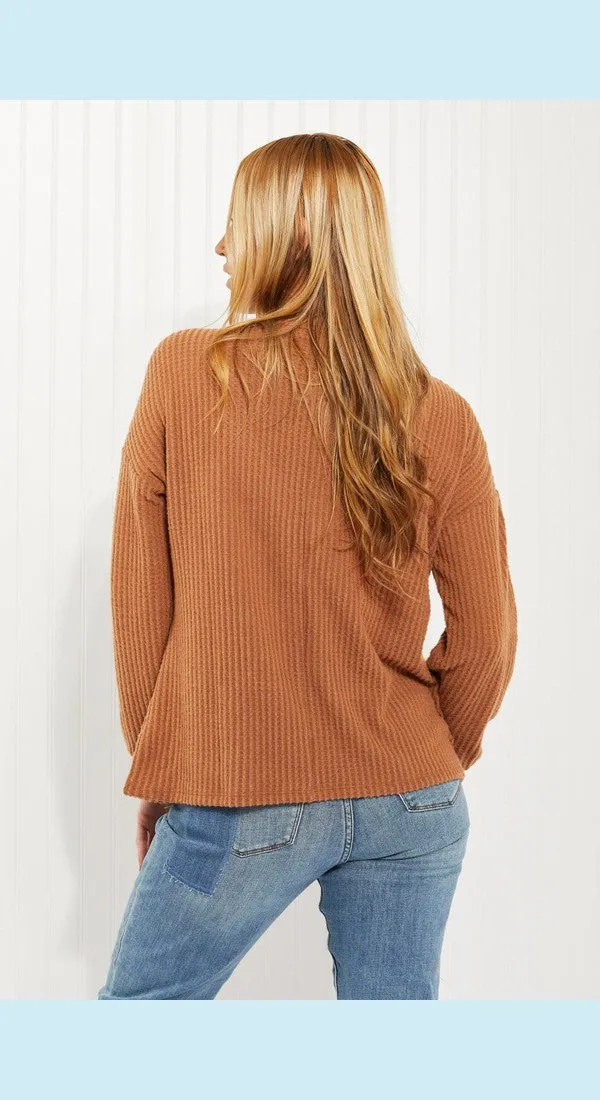 Zenana Apple Dumplings Full Size Brushed Waffle Knit Henley in Deep Camel