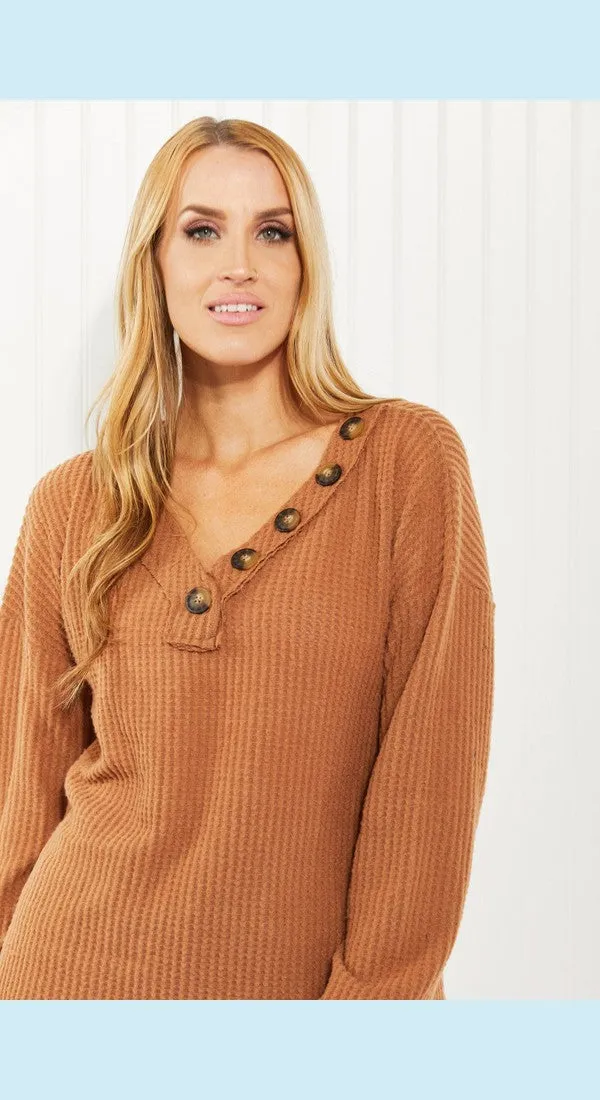 Zenana Apple Dumplings Full Size Brushed Waffle Knit Henley in Deep Camel
