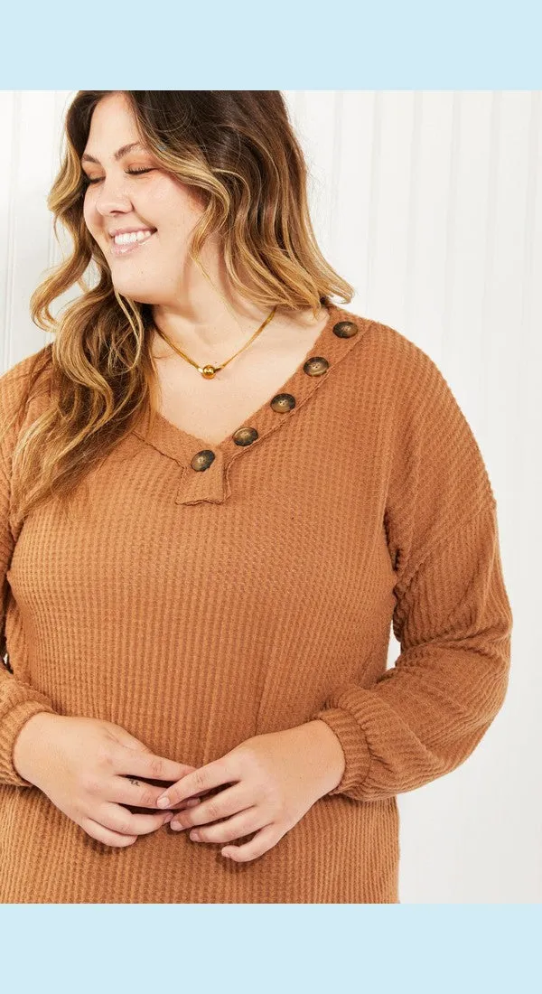 Zenana Apple Dumplings Full Size Brushed Waffle Knit Henley in Deep Camel